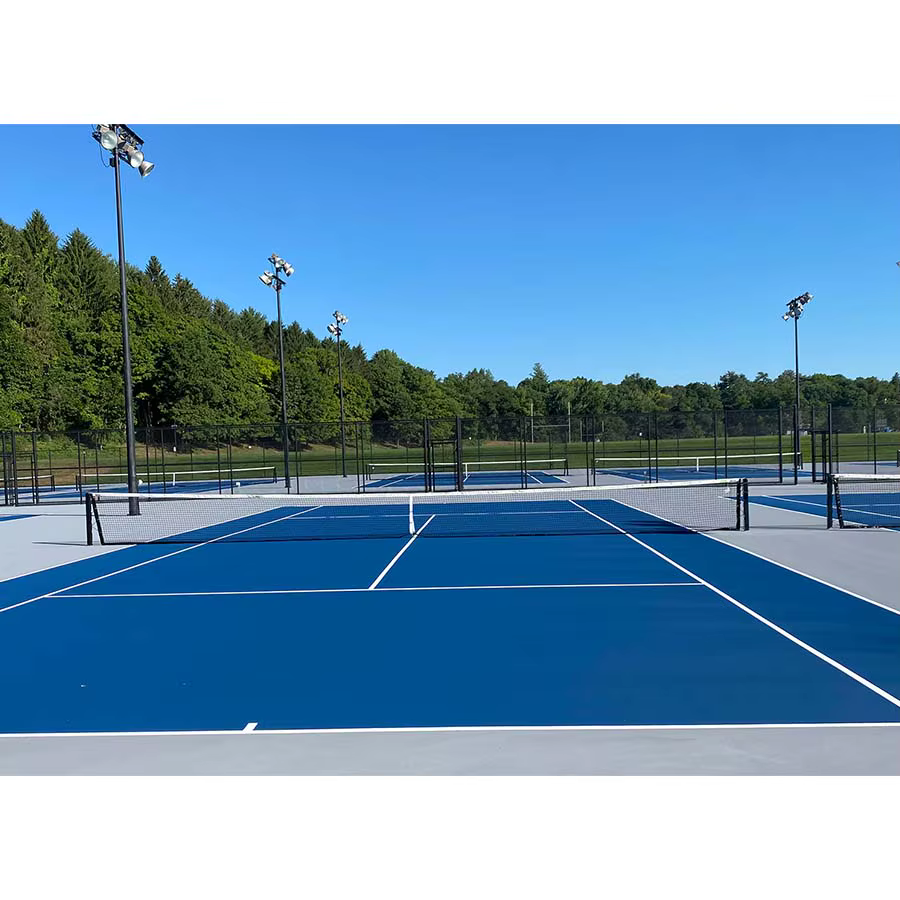 Teal blue tennis court with professional markings