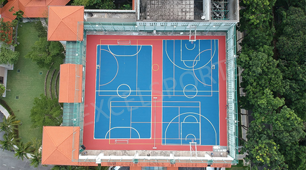 Acrylic Basketball Court - Side-by-Side Blue Courts with Red Accents