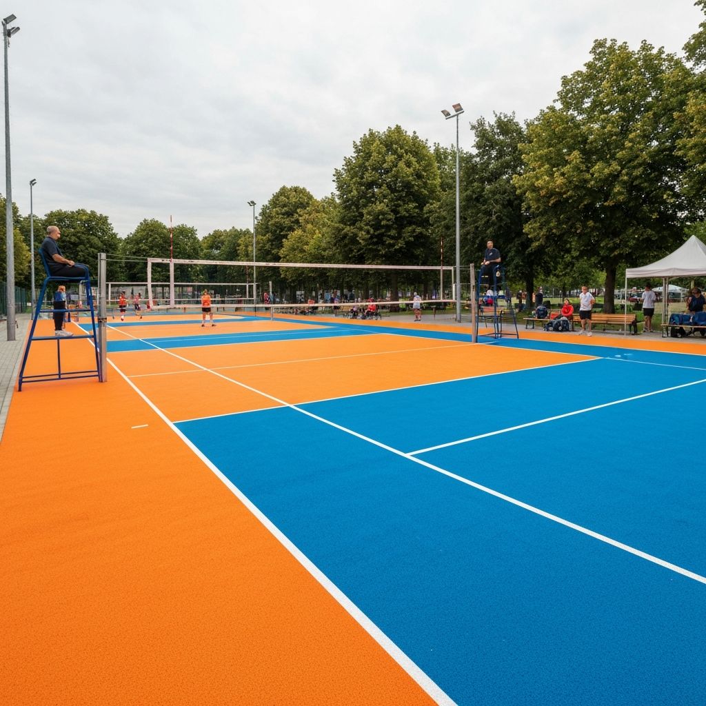 Outdoor volleyball court with orange and blue flooring