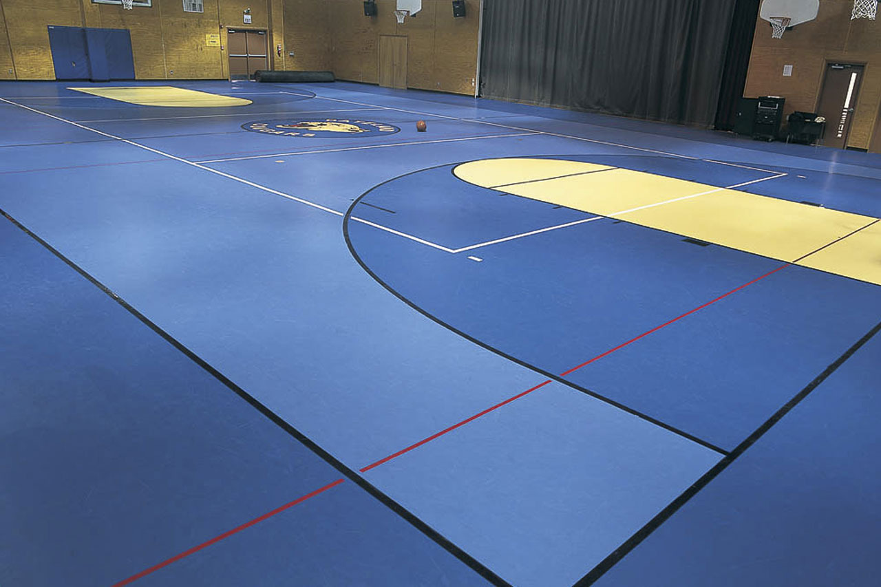 Blue basketball court with PVC vinyl flooring