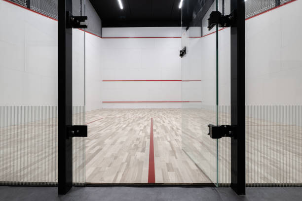 Glass door view of professional squash court interior