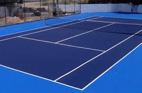 Blue tennis court with white lines and professional markings